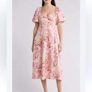 Floral Puff Sleeve Midi Dress Pink Rose 12 Cottagecore Summer Romantic A-Line